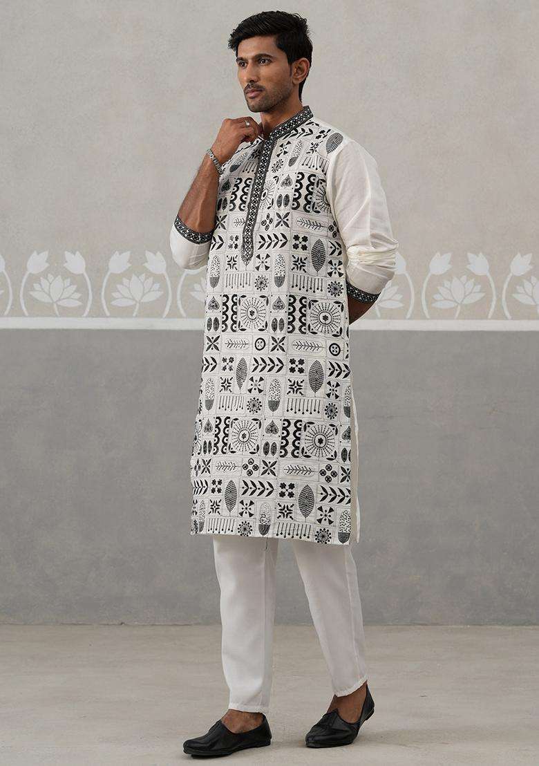 White Embroidery Silk Blend Kurta Pyjama Set For Men - Indya