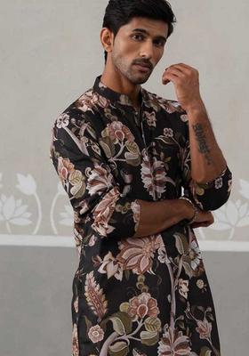 Black Printed Cotton Kurta For Men