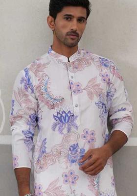 Blue Printed Cotton Kurta For Men