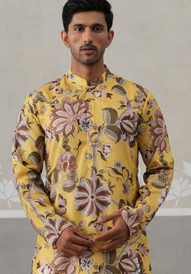 Yellow Printed Cotton Kurta For Men
