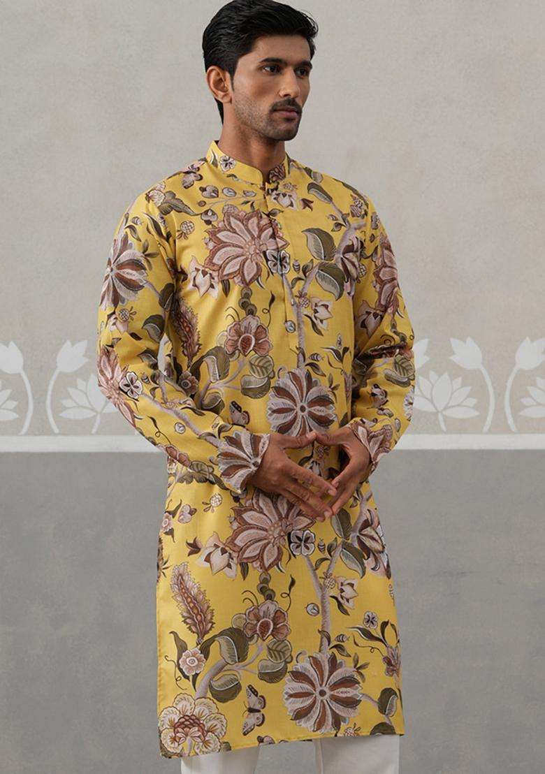 Yellow Printed Cotton Kurta For Men - Indya