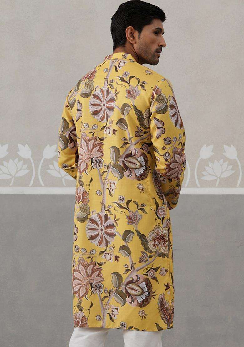 Yellow Printed Cotton Kurta For Men - Indya