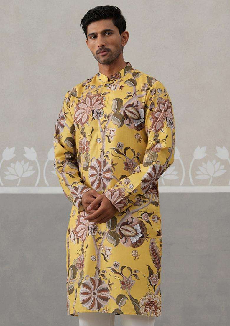 Yellow Printed Cotton Kurta For Men - Indya