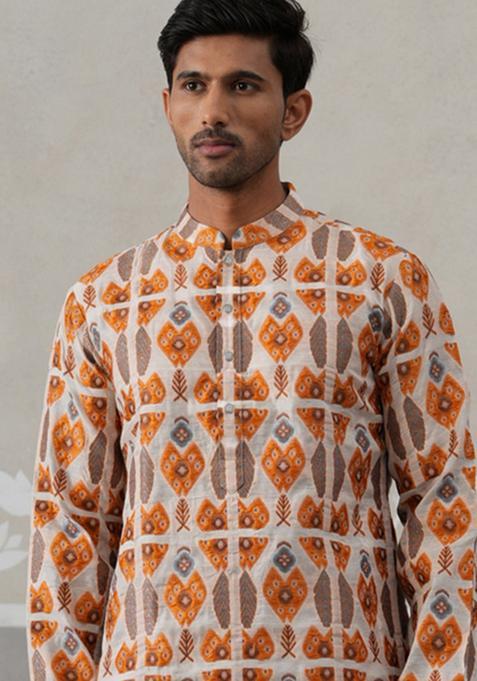 Orange Woven Design Silk Kurta For Men