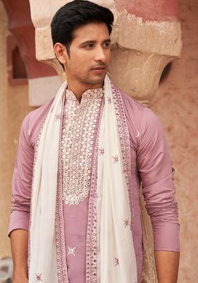 Purple Embroidery Silk Kurta Pyjama With Dupatta Set For Men