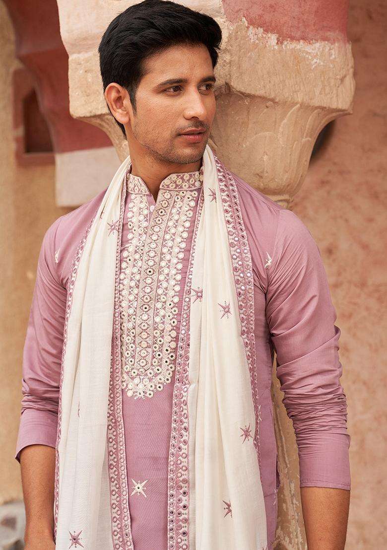 Purple Embroidery Silk Blend Kurta Pyjama With Dupatta Set For Men - Indya