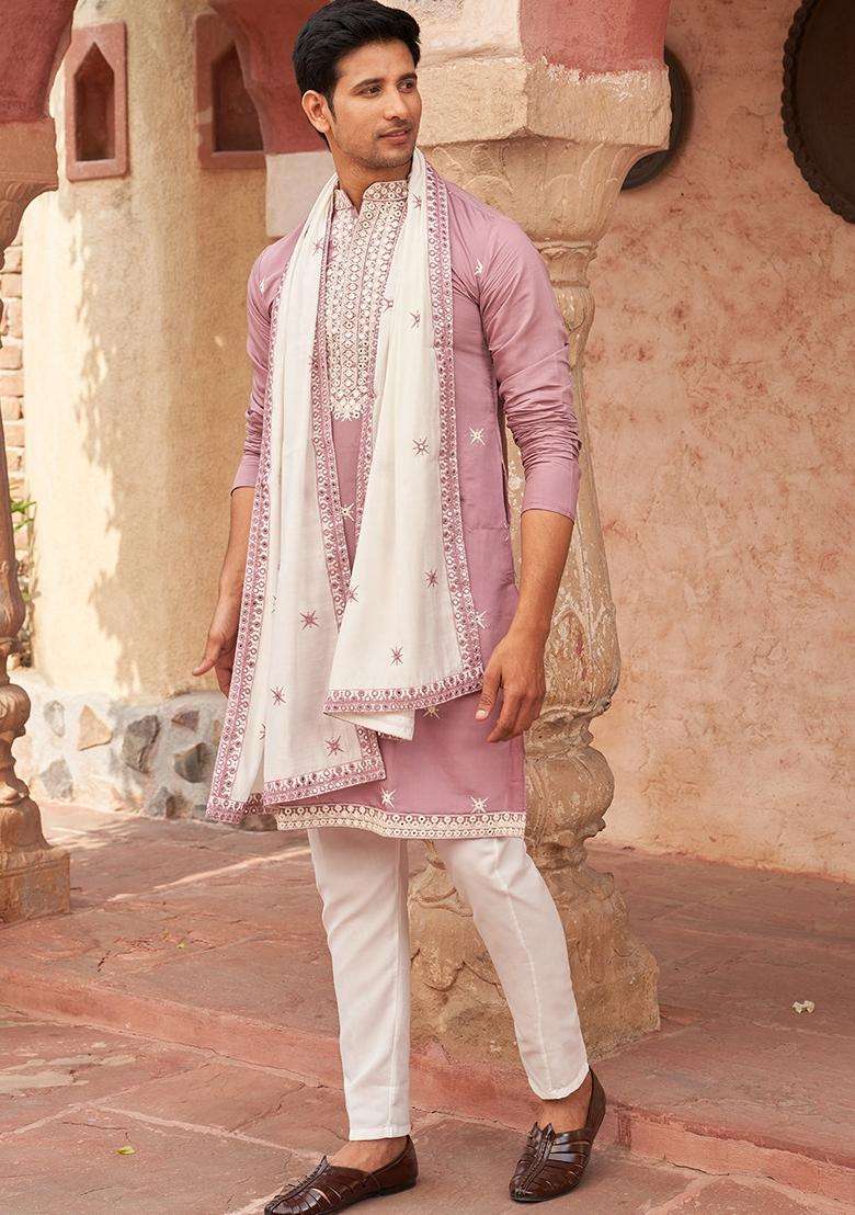 Purple Embroidery Silk Blend Kurta Pyjama With Dupatta Set For Men - Indya