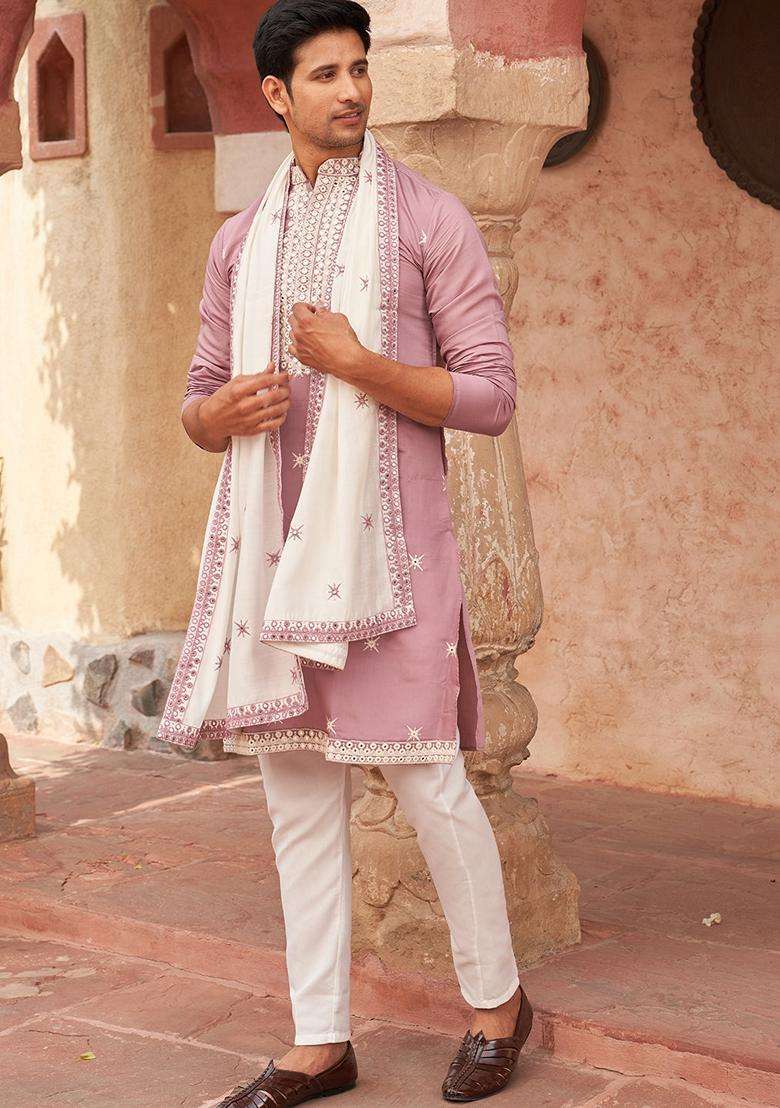 Purple Embroidery Silk Blend Kurta Pyjama With Dupatta Set For Men - Indya