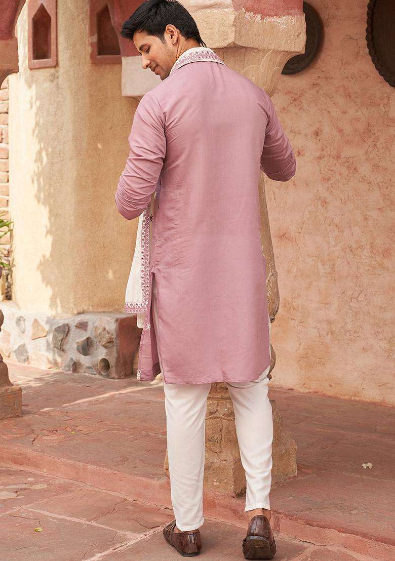 Purple Embroidery Silk Blend Kurta Pyjama With Dupatta Set For Men - Indya
