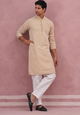 Beige Embroidery Cotton Kurta Pyjama Set For Men