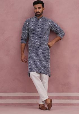 Blue Embroidery Cotton Kurta Pyjama Set For Men