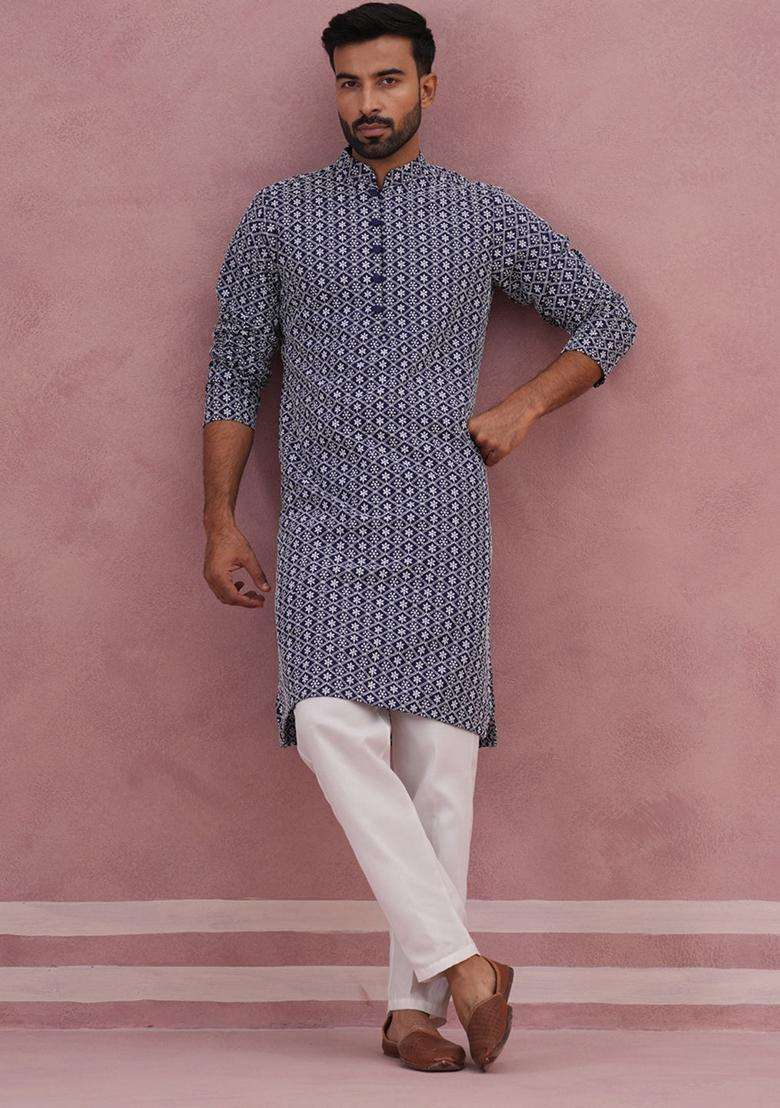 Blue Embroidery Cotton Kurta Pyjama Set For Men - Indya
