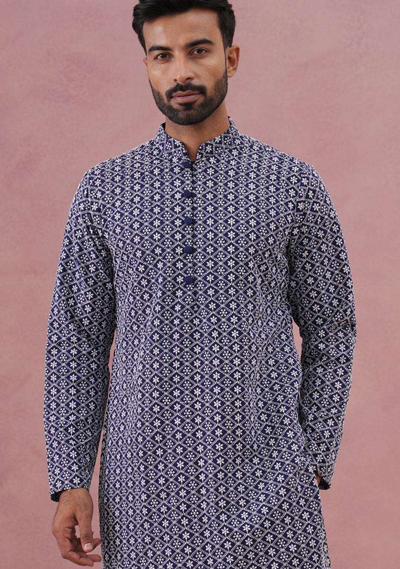 Blue Embroidery Cotton Kurta Pyjama Set For Men - Indya