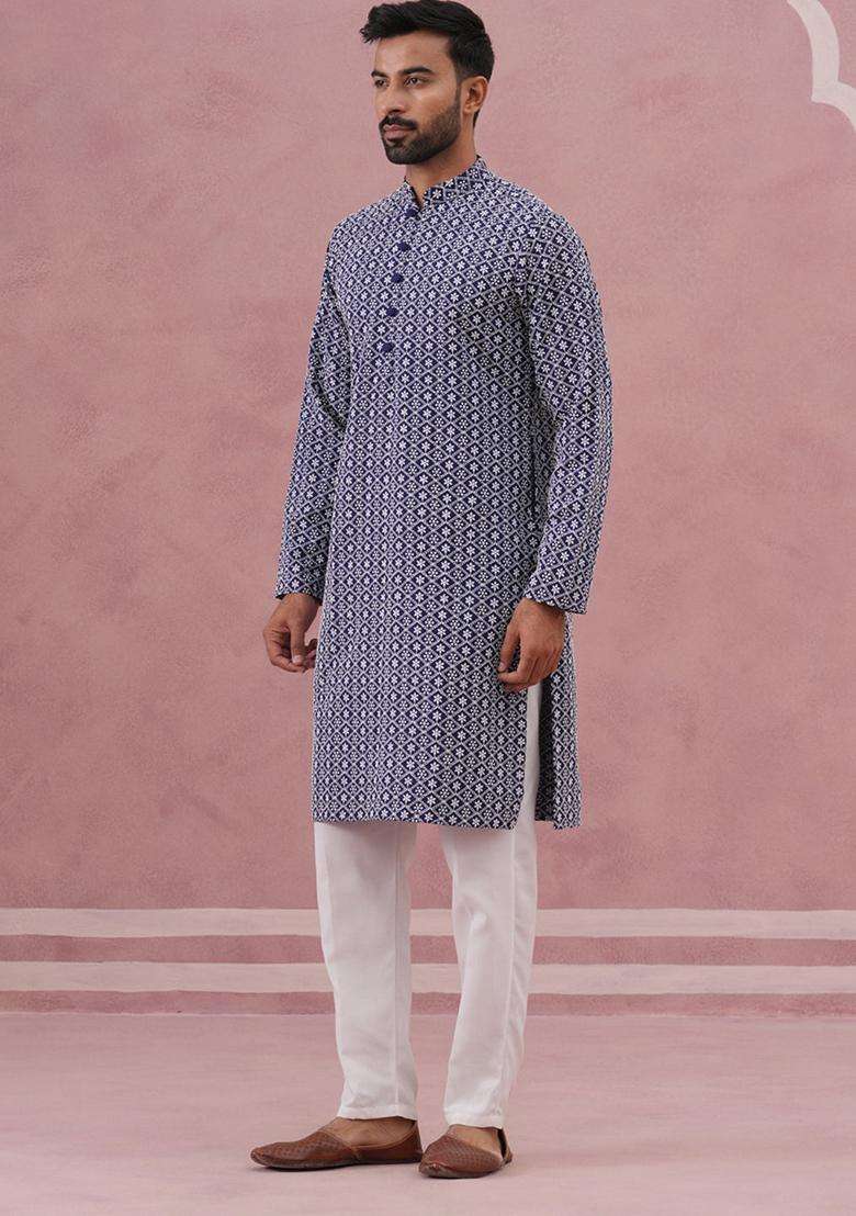 Blue Embroidery Cotton Kurta Pyjama Set For Men - Indya