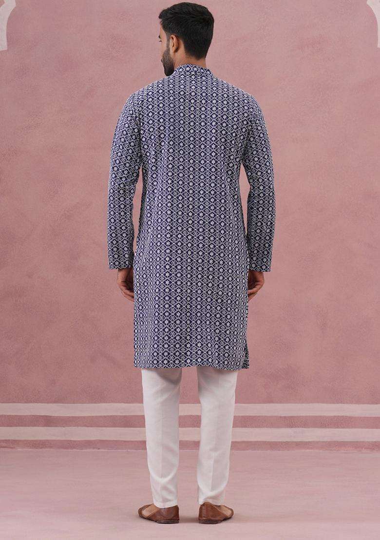Blue Embroidery Cotton Kurta Pyjama Set For Men - Indya