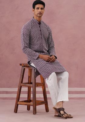 Purple Embroidery Cotton Kurta Pyjama Set For Men