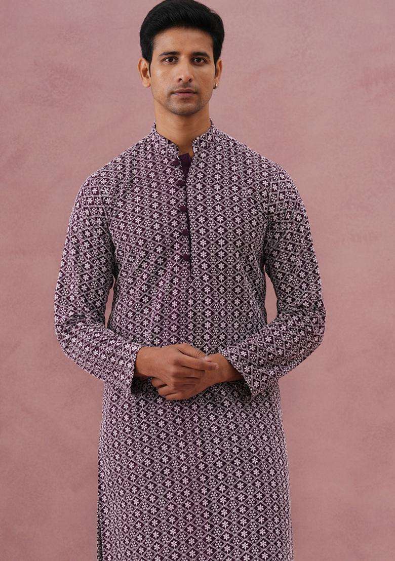 Purple Embroidery Cotton Kurta Pyjama Set For Men - Indya