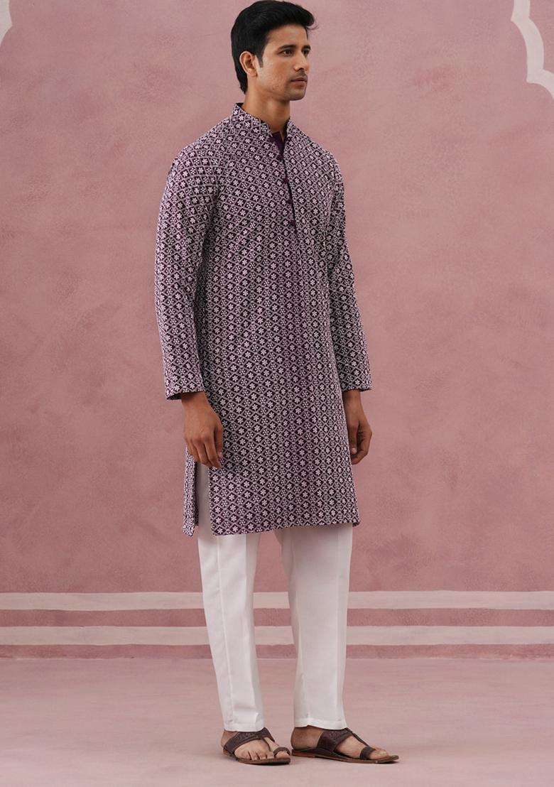 Purple Embroidery Cotton Kurta Pyjama Set For Men - Indya