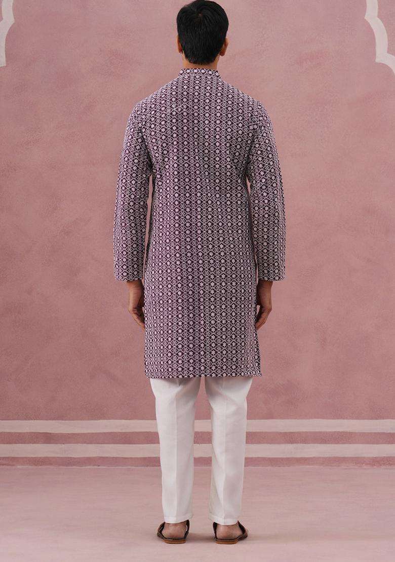 Purple Embroidery Cotton Kurta Pyjama Set For Men - Indya