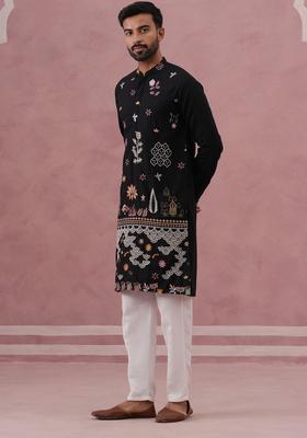 Black Embroidery Silk Kurta Pyjama Set For Men