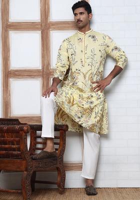 Yellow Embroidery Silk Blend Kurta Pyjama Set For Men