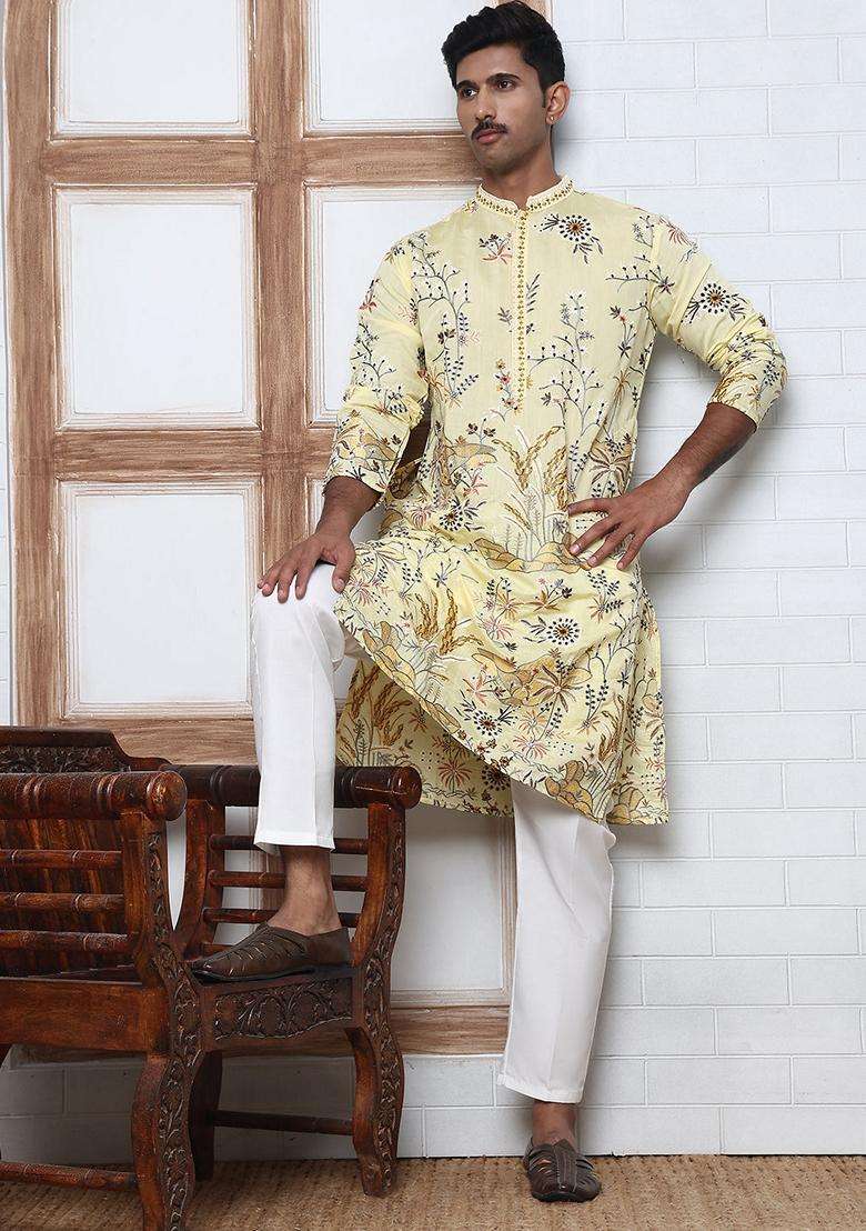 Yellow Embroidery Silk Blend Kurta Pyjama Set For Men - Indya