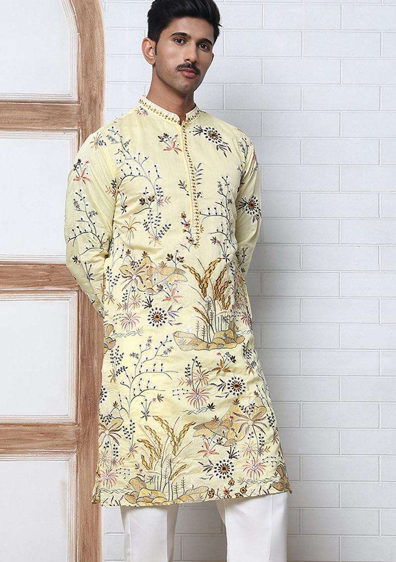 Yellow Embroidery Silk Blend Kurta Pyjama Set For Men - Indya