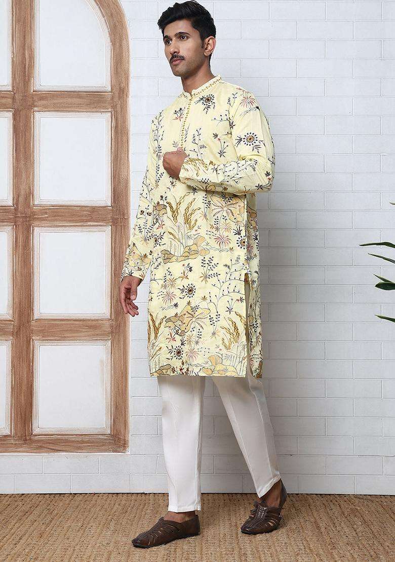 Yellow Embroidery Silk Blend Kurta Pyjama Set For Men - Indya