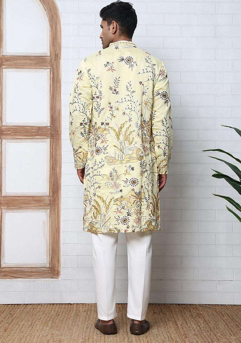 Yellow Embroidery Silk Blend Kurta Pyjama Set For Men - Indya