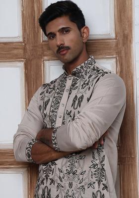 Beige Embroidery Silk Kurta Pyjama Set For Men