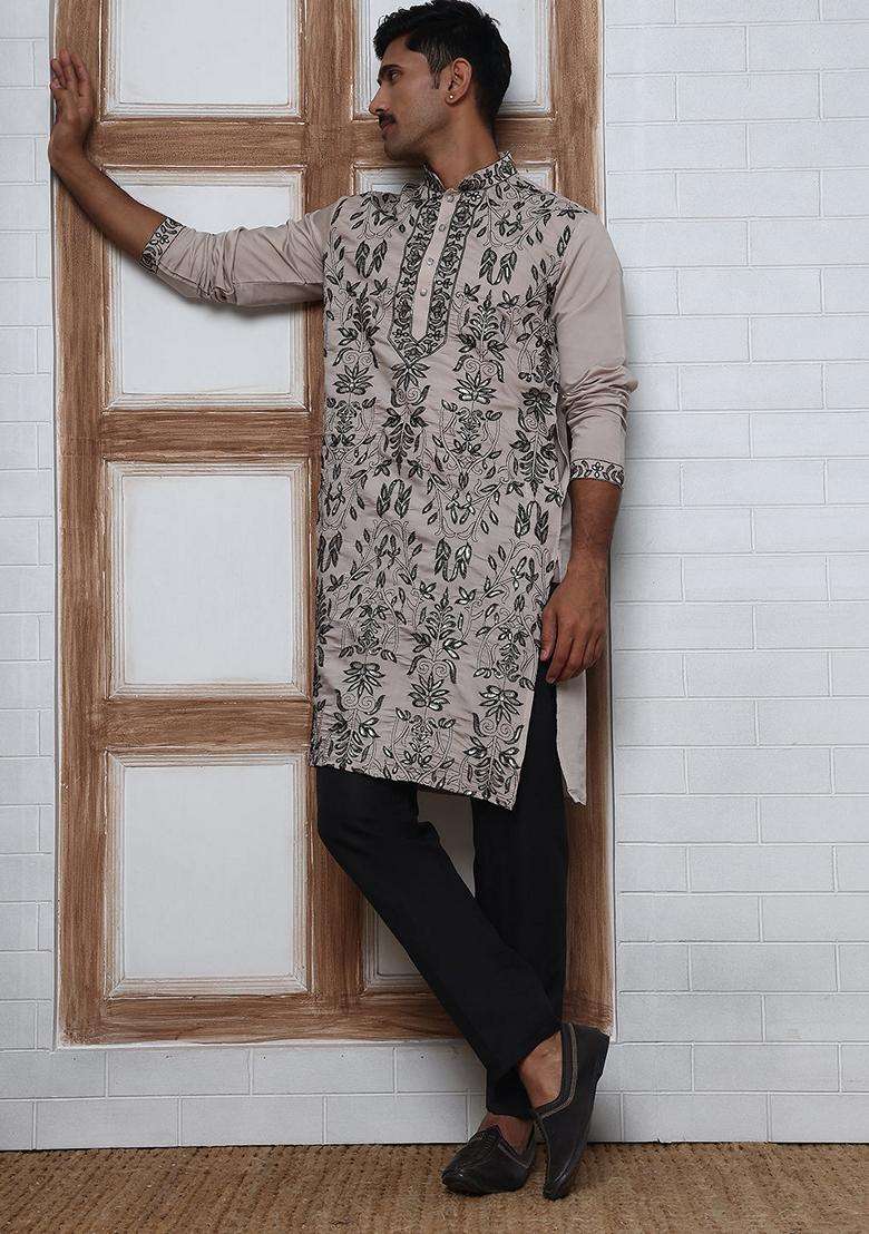 Beige Embroidery Silk Kurta Pyjama Set For Men - Indya