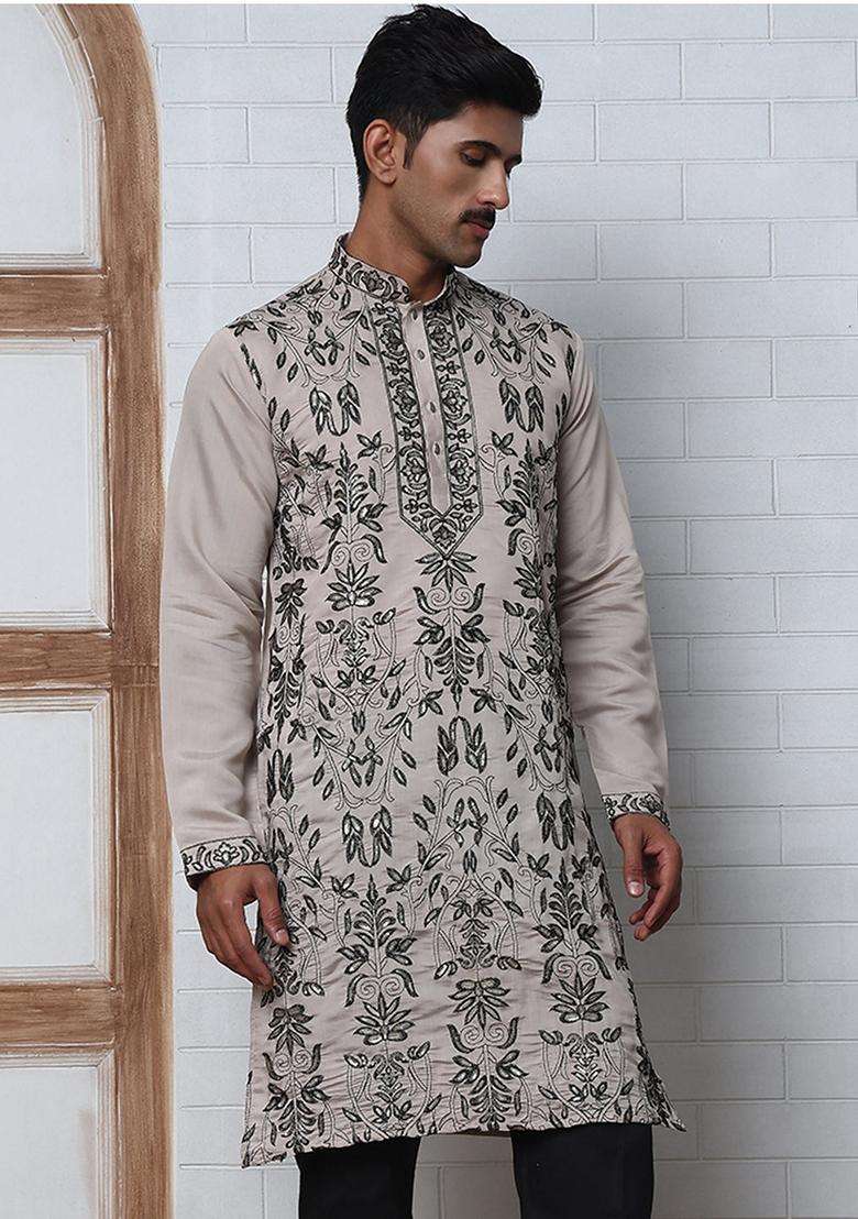 Beige Embroidery Silk Kurta Pyjama Set For Men - Indya
