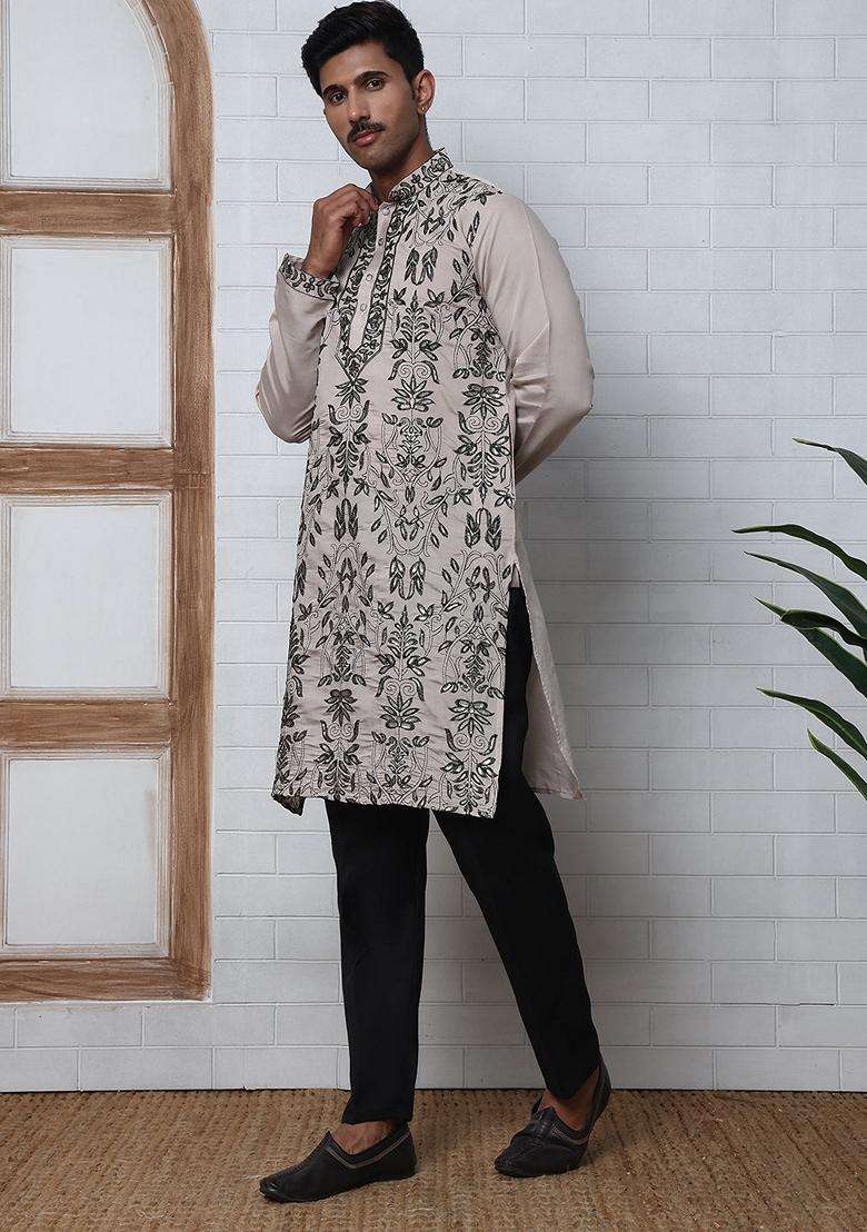 Beige Embroidery Silk Kurta Pyjama Set For Men - Indya