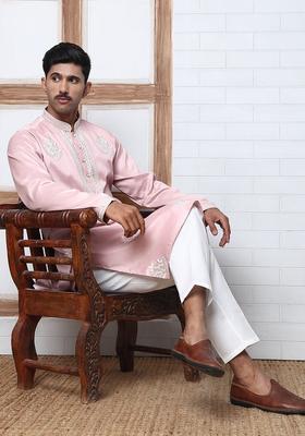 Pink Embroidery Silk Kurta Pyjama Set For Men