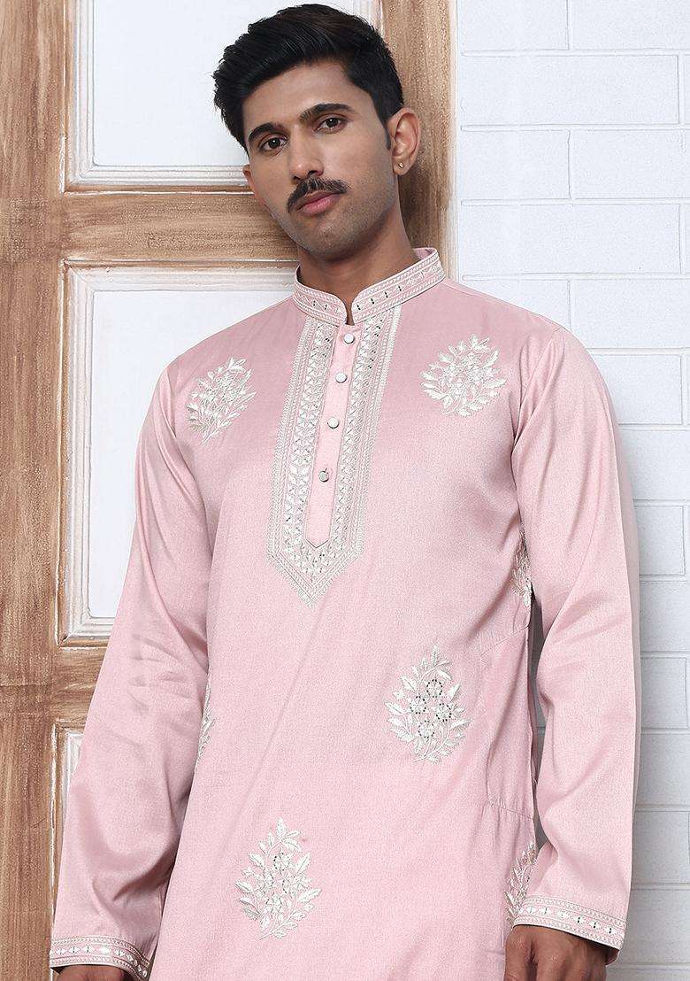 Pink Embroidery Silk Blend Kurta Pyjama Set For Men - Indya