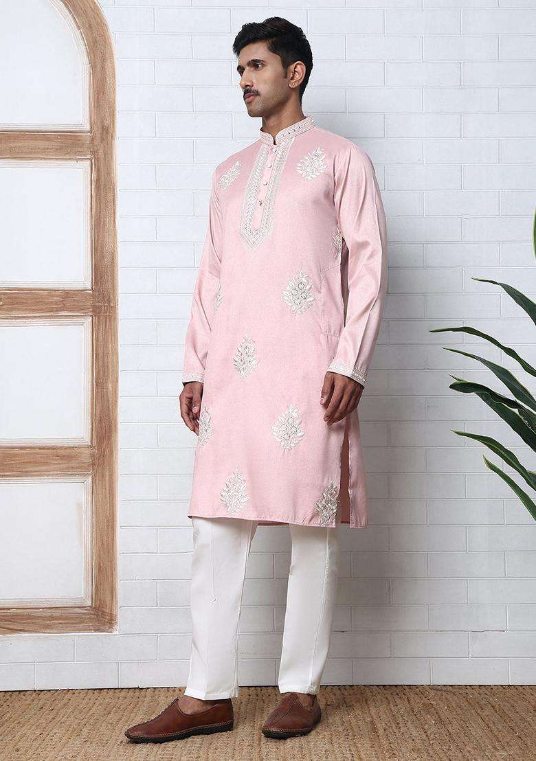 Pink Embroidery Silk Blend Kurta Pyjama Set For Men - Indya
