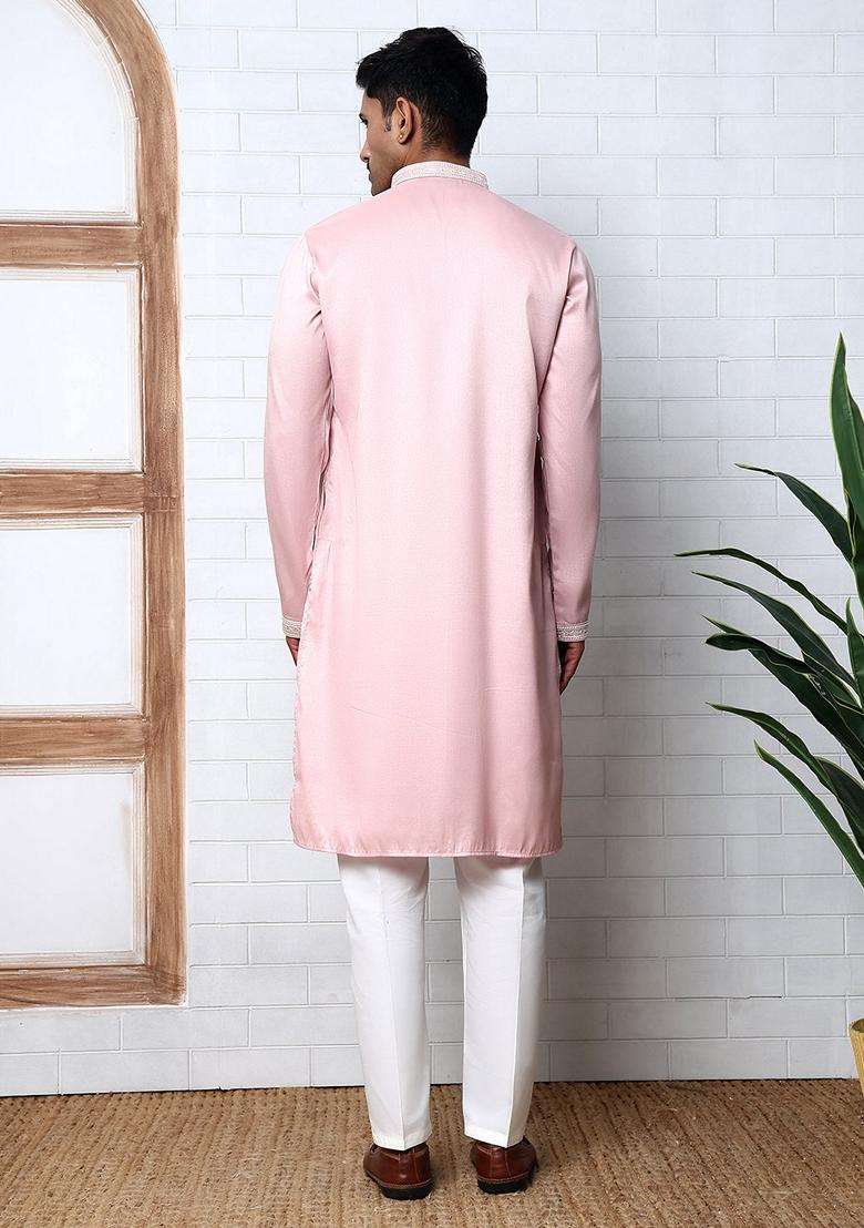 Pink Embroidery Silk Blend Kurta Pyjama Set For Men - Indya
