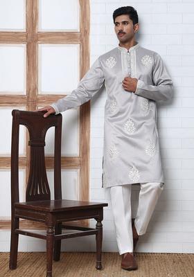 Silver Embroidery Silk Kurta Pyjama Set For Men