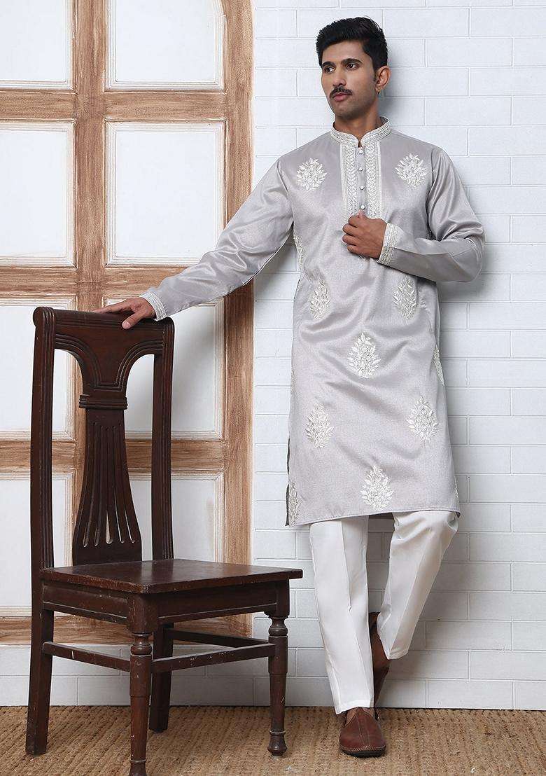 Silver Embroidery Silk Blend Kurta Pyjama Set For Men - Indya