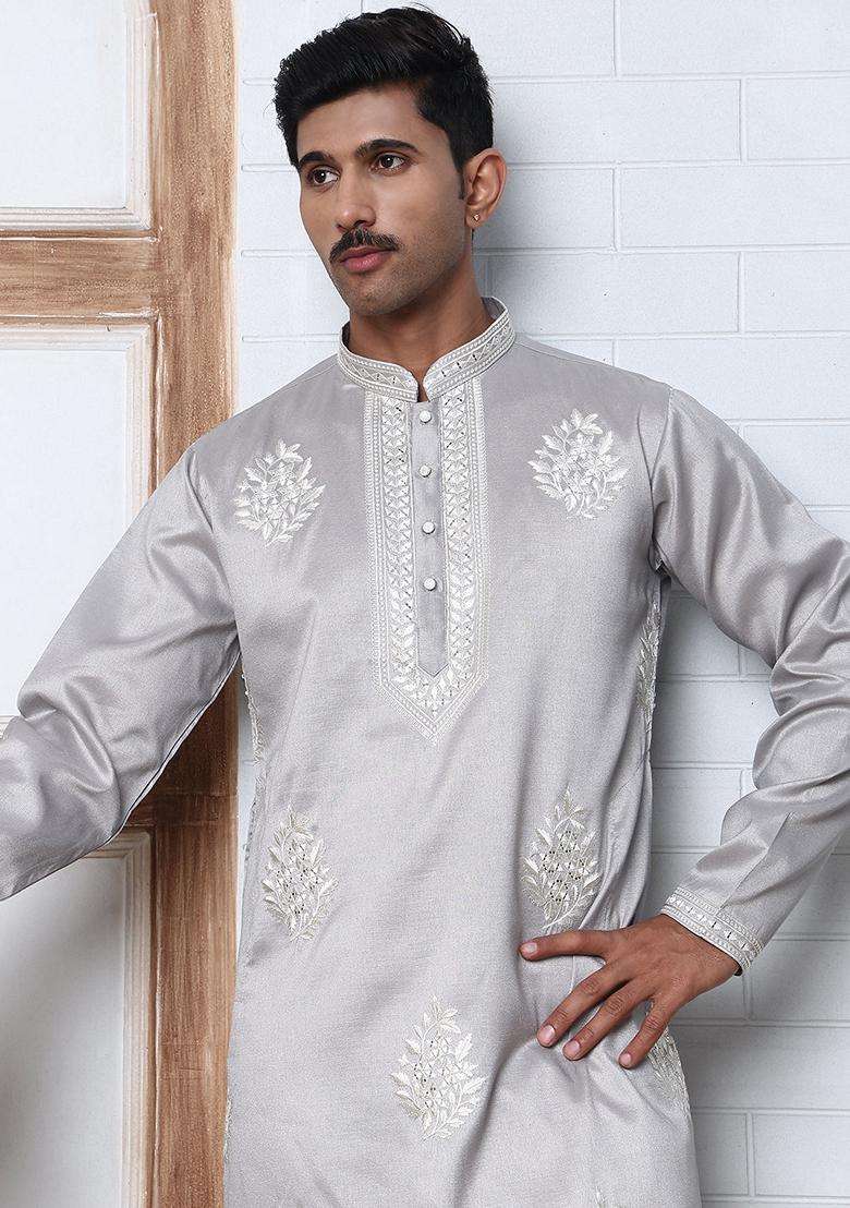 Silver Embroidery Silk Blend Kurta Pyjama Set For Men - Indya
