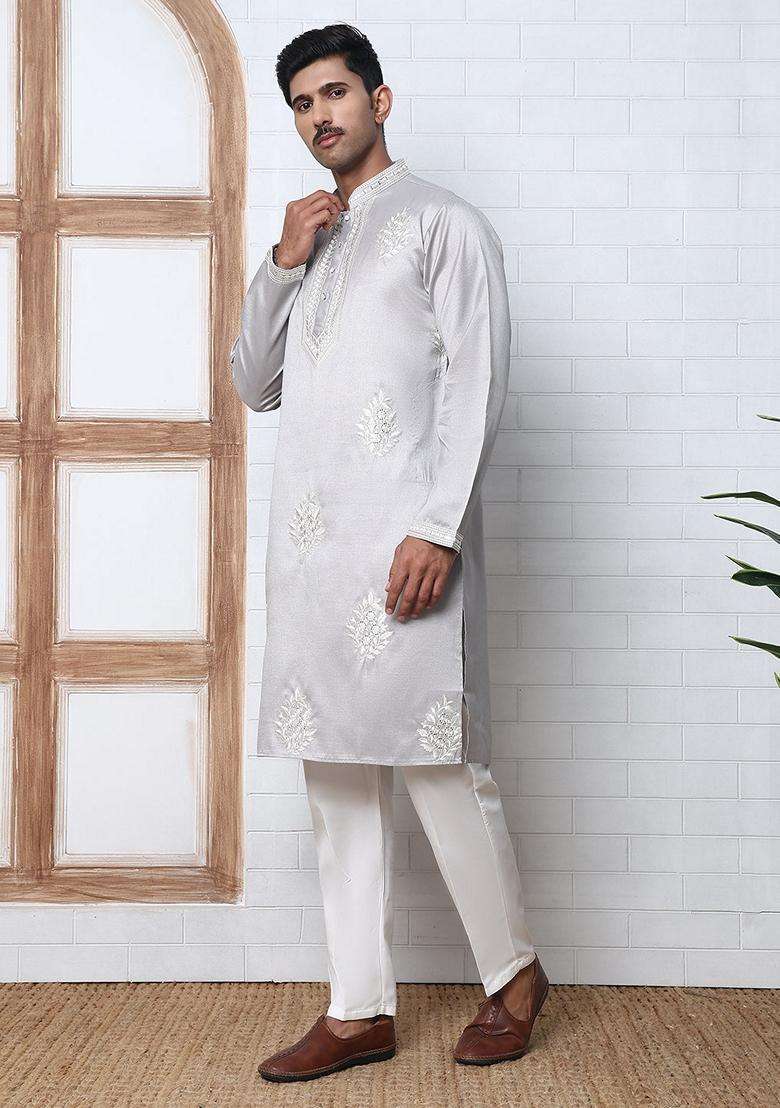 Silver Embroidery Silk Blend Kurta Pyjama Set For Men - Indya