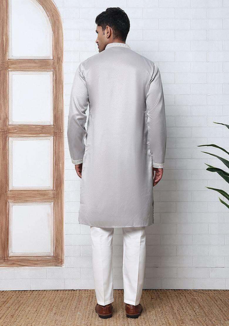 Silver Embroidery Silk Blend Kurta Pyjama Set For Men - Indya