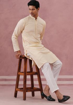 Beige Embroidery Silk Kurta Pyjama Set For Men