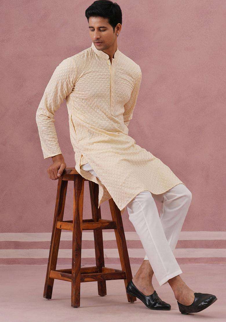 Beige Embroidery Silk Blend Kurta Pyjama Set For Men - Indya