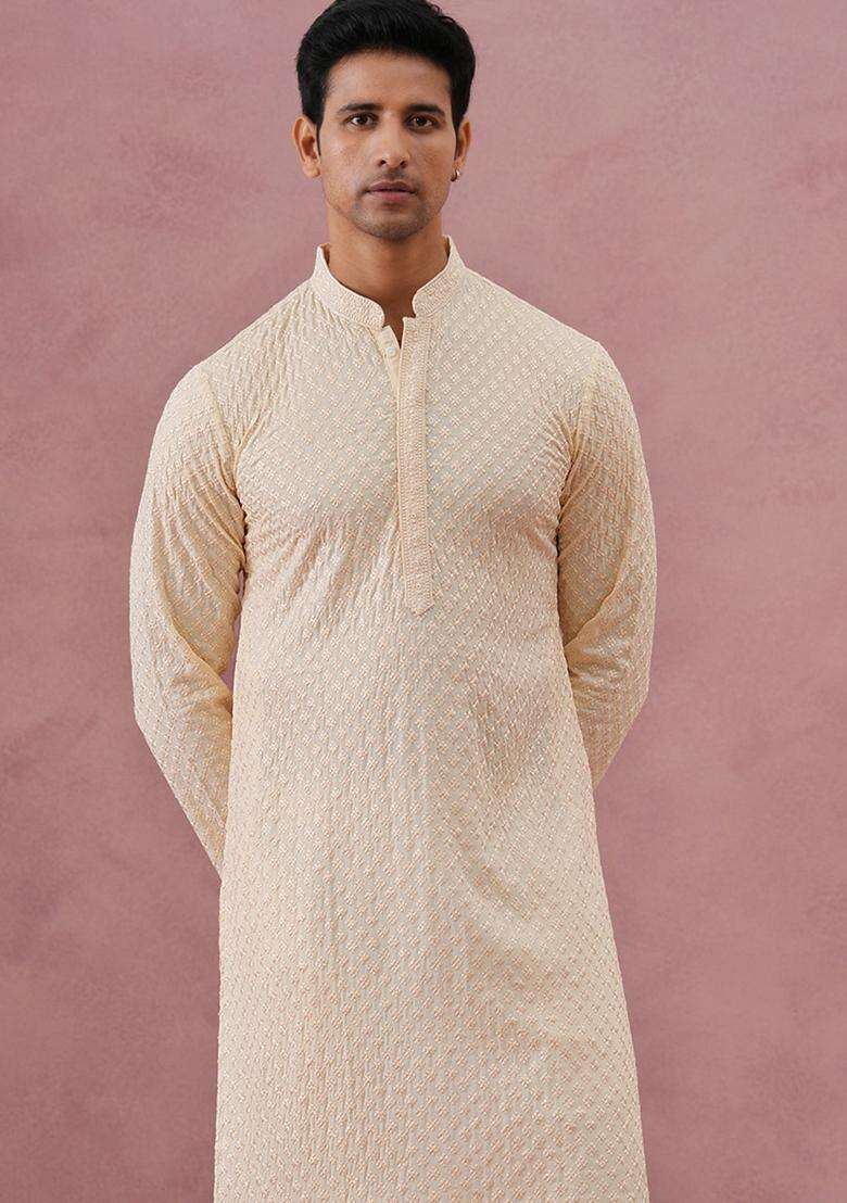 Beige Embroidery Silk Blend Kurta Pyjama Set For Men - Indya