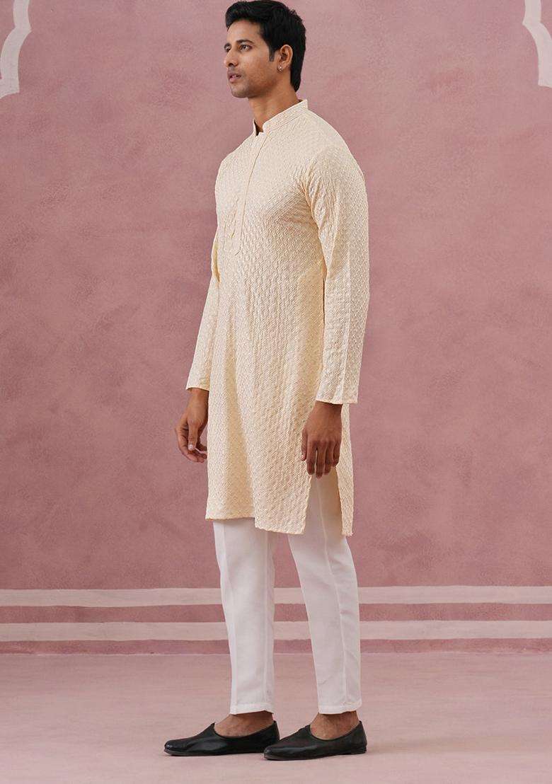 Beige Embroidery Silk Blend Kurta Pyjama Set For Men - Indya