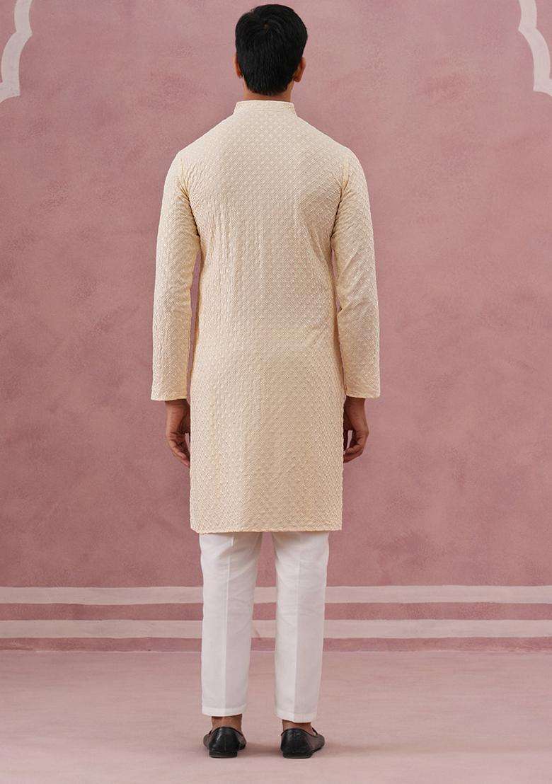 Beige Embroidery Silk Blend Kurta Pyjama Set For Men - Indya