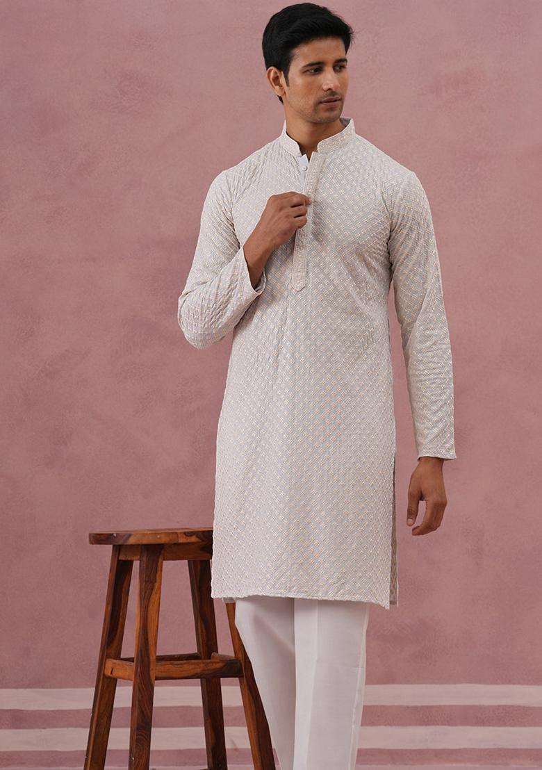 Grey Embroidery Silk Blend Kurta Pyjama Set For Men - Indya