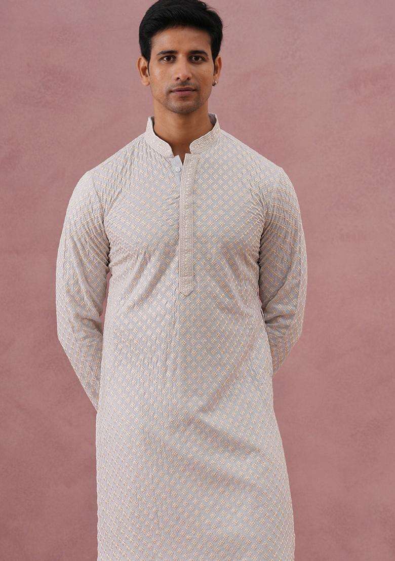 Grey Embroidery Silk Blend Kurta Pyjama Set For Men - Indya