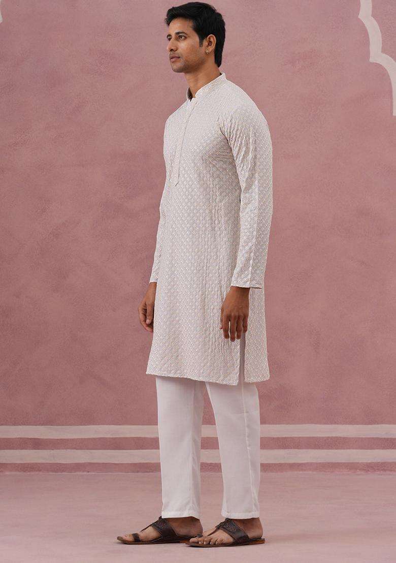 Grey Embroidery Silk Blend Kurta Pyjama Set For Men - Indya